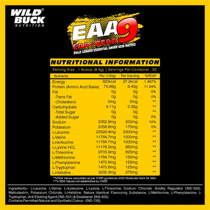 EAA-9 | All 9 Essential Amino Acids for Muscle Recovery |  30 Servings | 255g