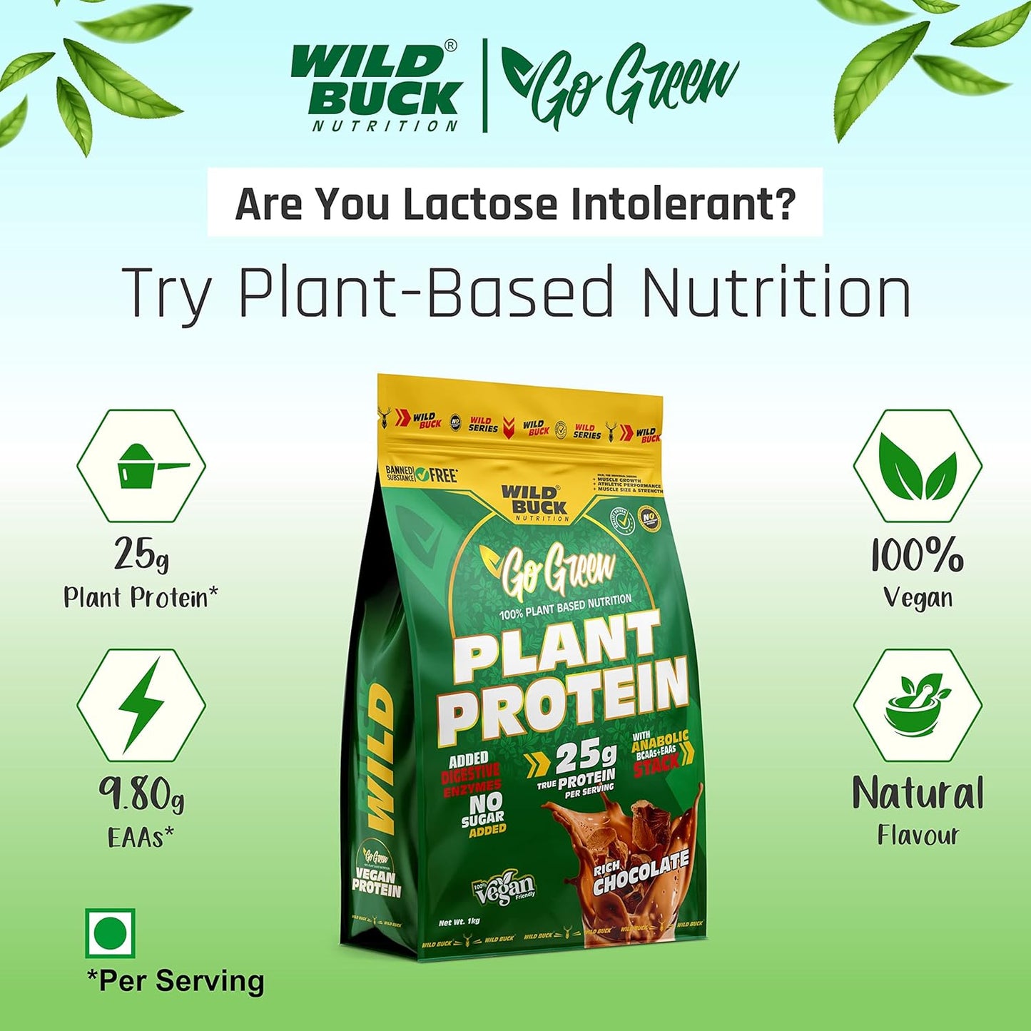 Vegan Plant Protein Powder | Made with Pea, Brown Rice | Added Digestive Enzymes