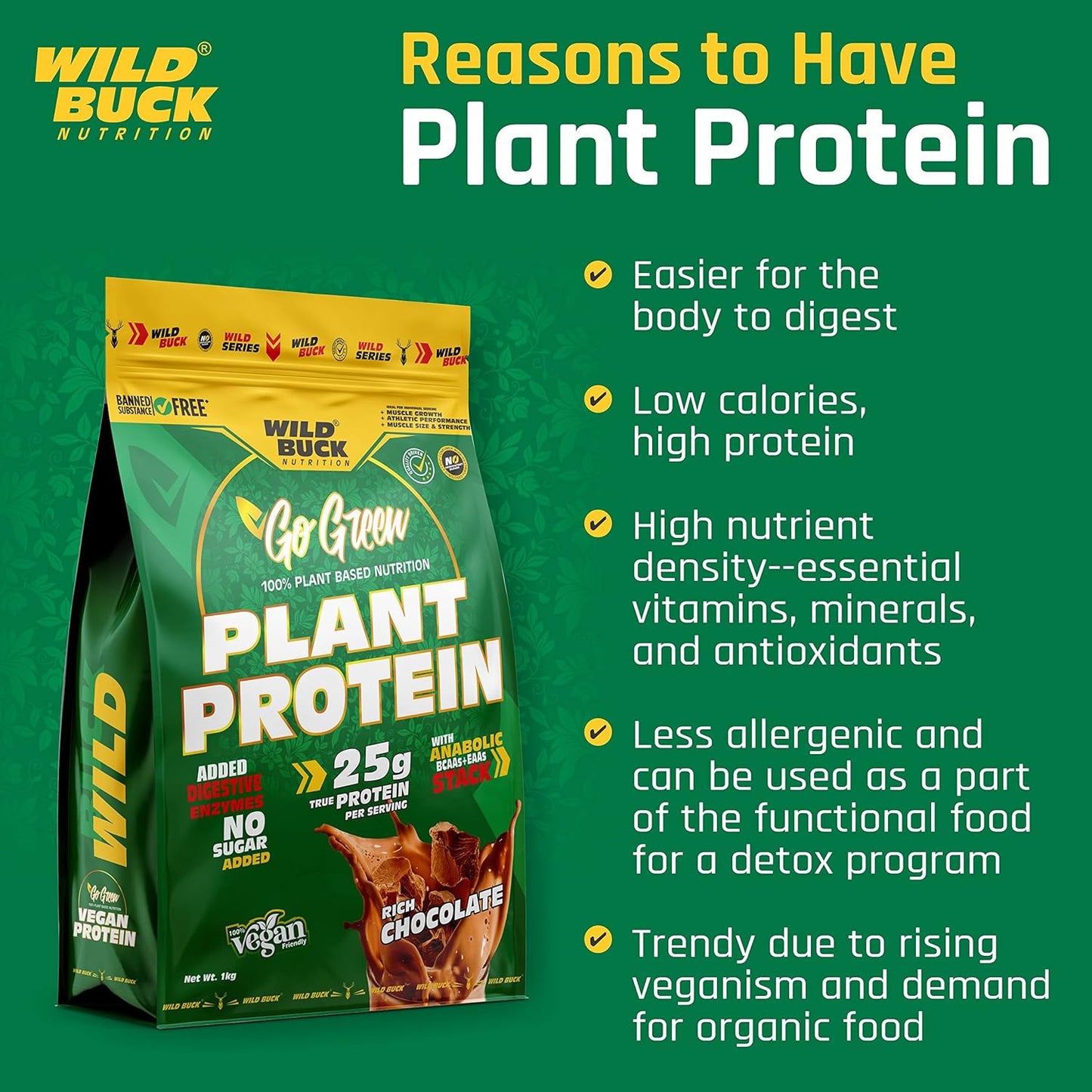 Vegan Plant Protein Powder | Made with Pea, Brown Rice | Added Digestive Enzymes